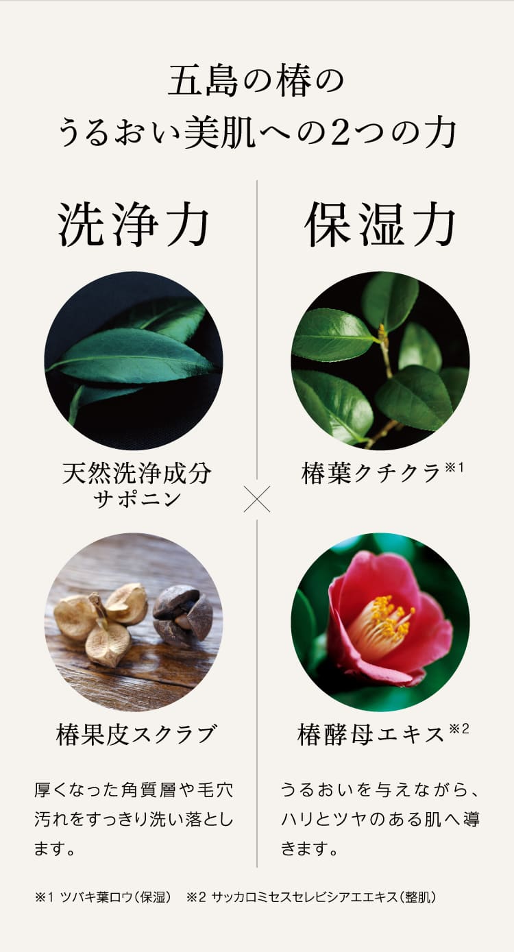 五島の椿のうるおい美肌への２つの力 洗浄力・保湿力